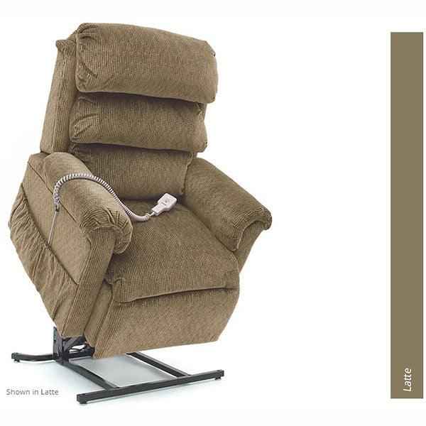 Pride 660 dual motor lift chair in upright lifted position, an NDIS fundable lift recline chair