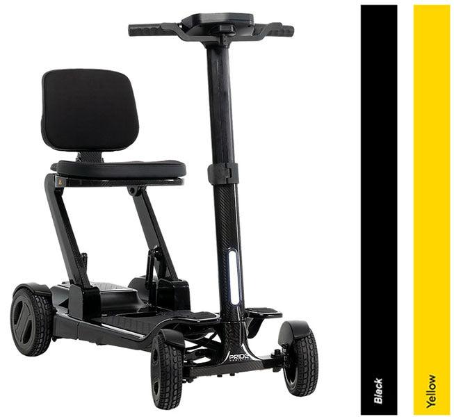 Pride Go Go Carbon folding mobility scooter with carbon fibre frame, folded and unfolded