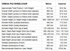 Max Mobility paediatric wheelchair specification table with metric and imperial sizes