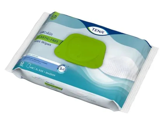 Tena Wet Wipes Plastic Free (48 Pack) soft pack, angled view